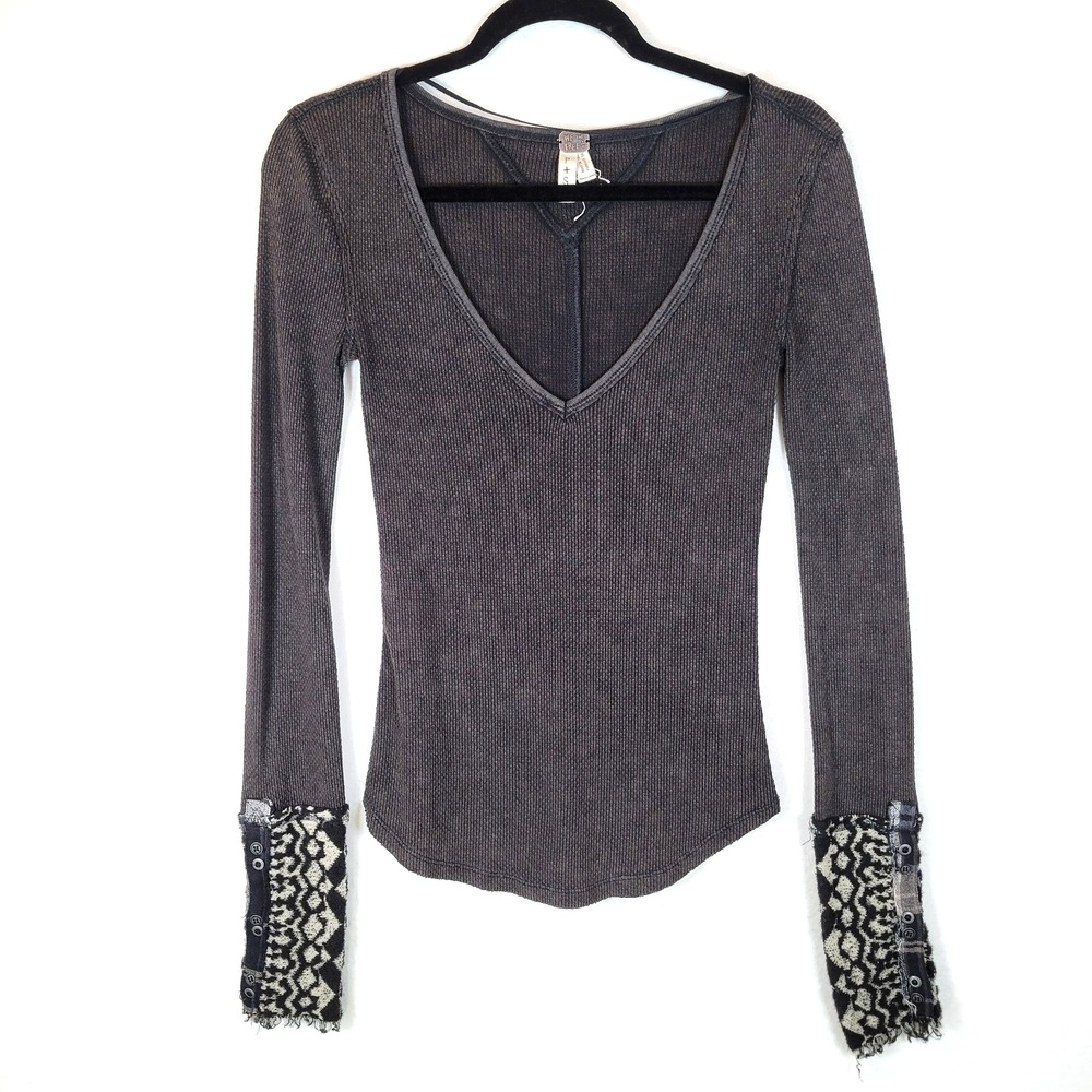Free People Womens Art School Thermal Cuff Waffle Knit Top Size Small Black Punk